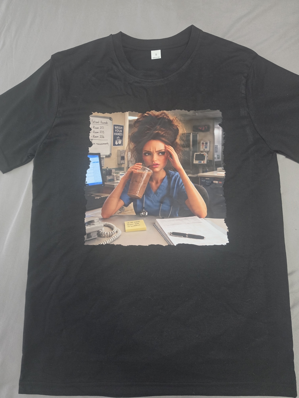 Black Graphic Tee with Nurse Artwork - Unbranded